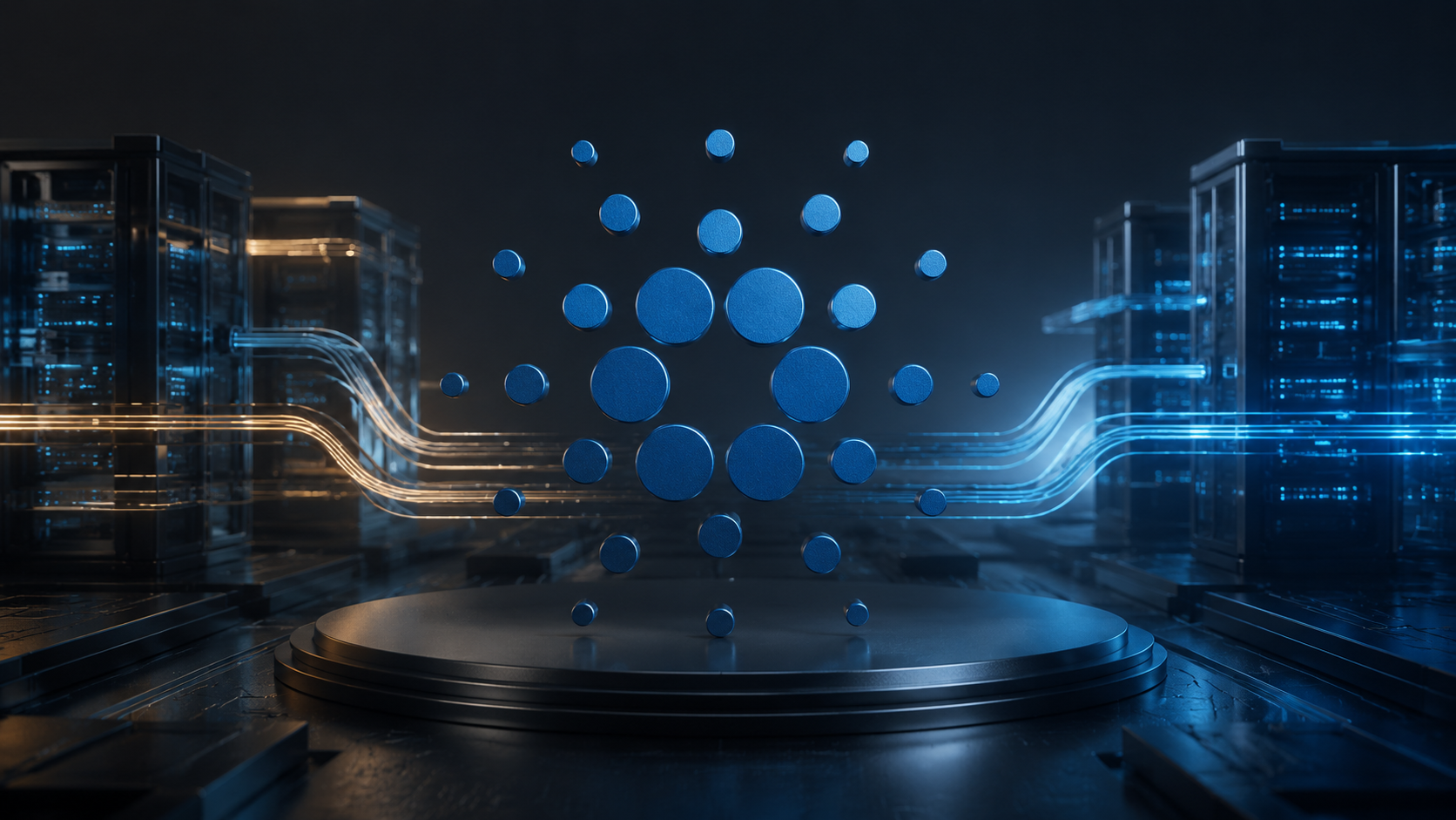 Cardano-Symbol vor digitaler Netzwerkinfrastruktur zur Roadmap 2026