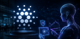 Cardano-Gründer kündigt autonomen Krypto-Handel über Midnight an KI-Agent vor dem Cardano-Logo mit digitaler Wallet und Krypto-Handelsplattform
