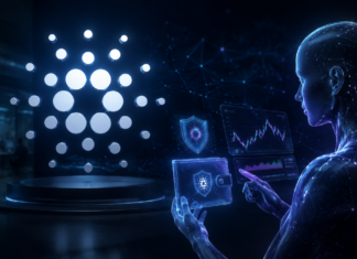 KI-Agent vor dem Cardano-Logo mit digitaler Wallet und Krypto-Handelsplattform