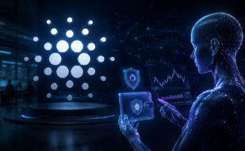 Cardano-Gründer kündigt autonomen Krypto-Handel über Midnight an KI-Agent vor dem Cardano-Logo mit digitaler Wallet und Krypto-Handelsplattform