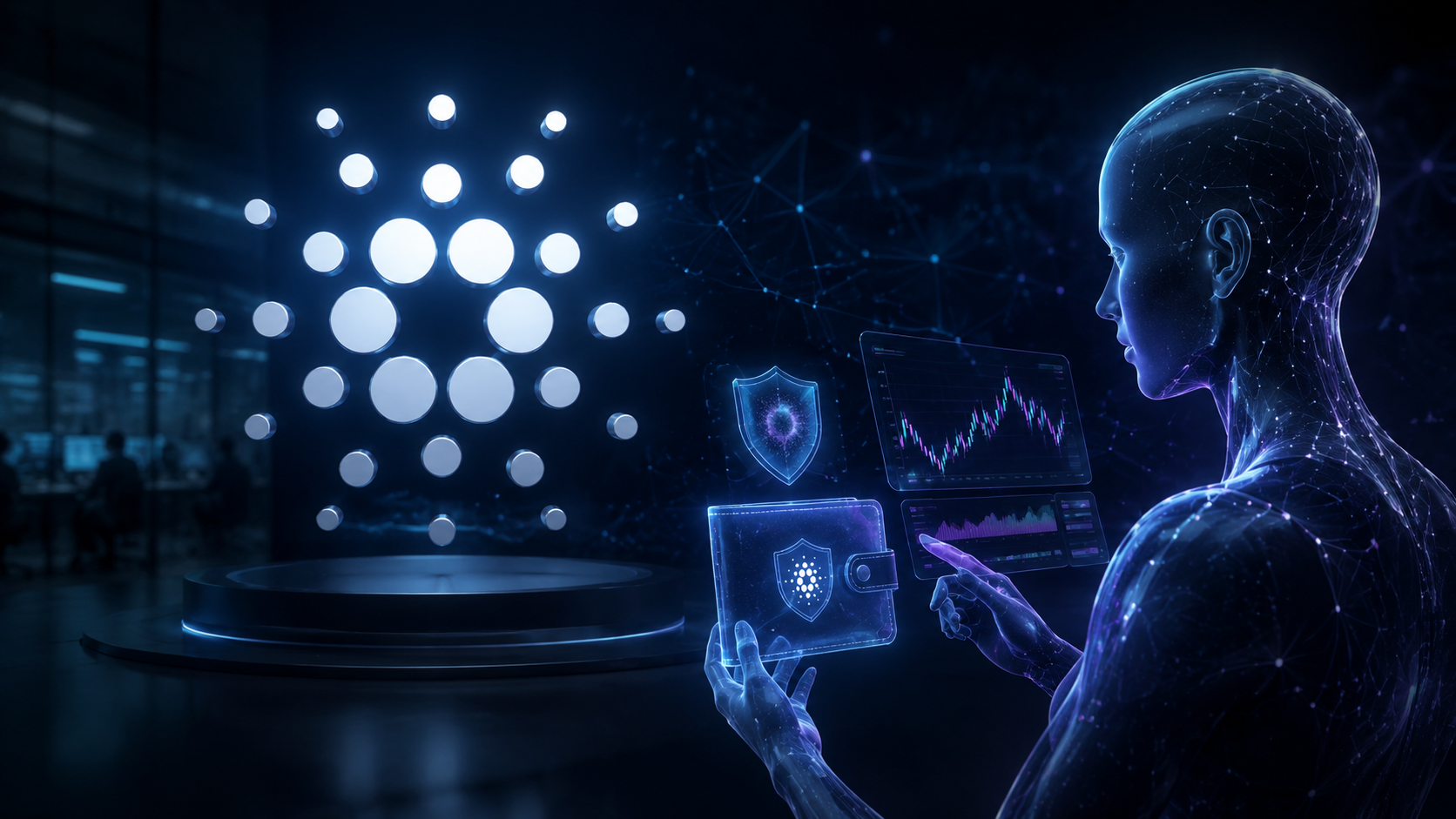 KI-Agent vor dem Cardano-Logo mit digitaler Wallet und Krypto-Handelsplattform