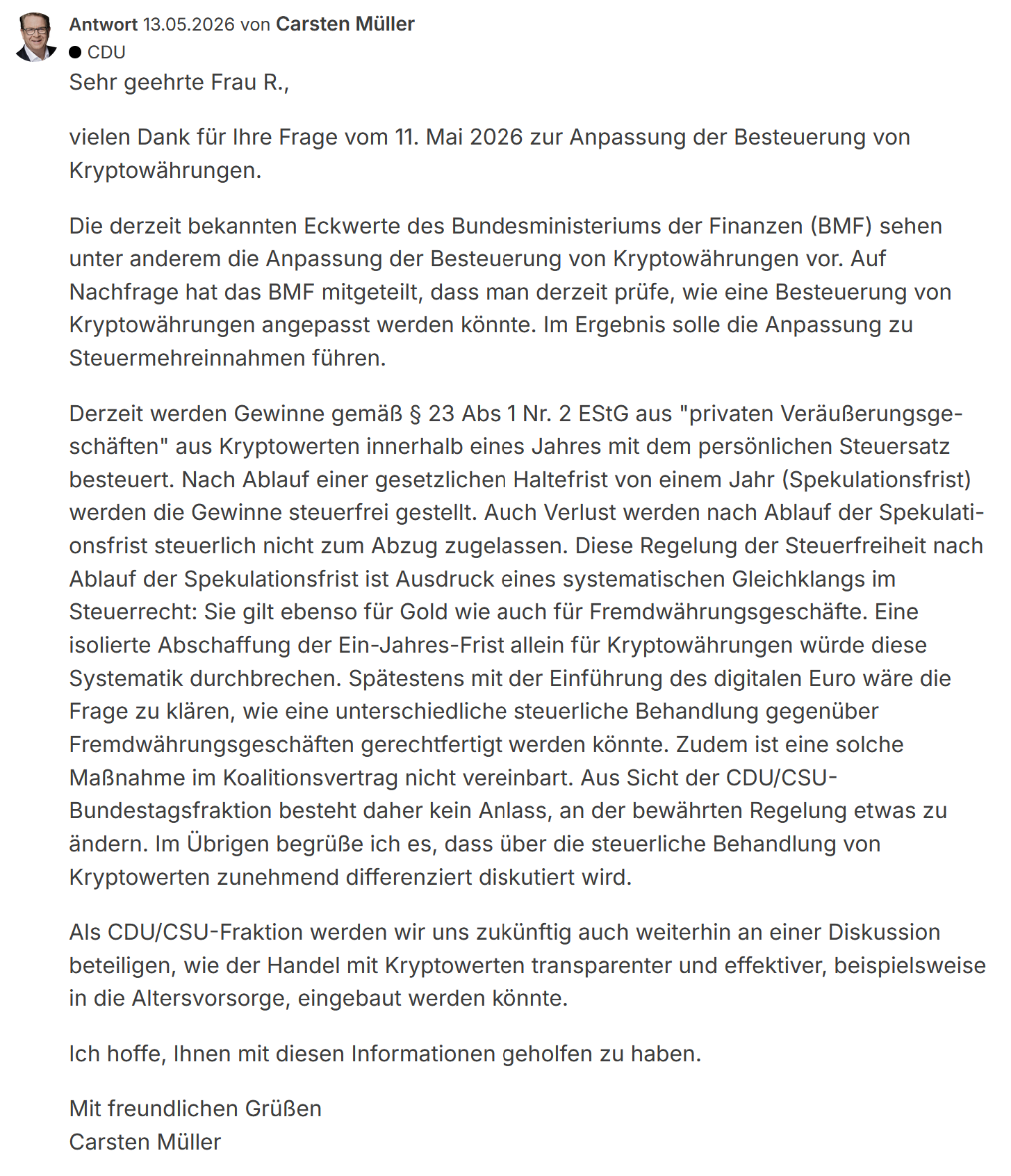 Stellungnahme von Carsten Müller