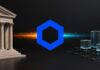 Abstrakte Darstellung der Zentralbank von England, des Chainlink-Logos und tokenisierter Vermögenswerte auf einer Blockchain.