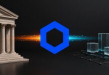 Abstrakte Darstellung der Zentralbank von England, des Chainlink-Logos und tokenisierter Vermögenswerte auf einer Blockchain.