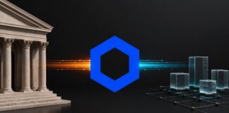 Abstrakte Darstellung der Zentralbank von England, des Chainlink-Logos und tokenisierter Vermögenswerte auf einer Blockchain.