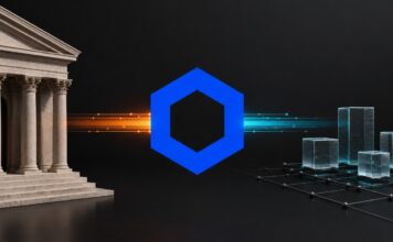 Abstrakte Darstellung der Zentralbank von England, des Chainlink-Logos und tokenisierter Vermögenswerte auf einer Blockchain.