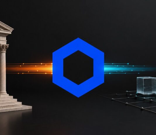 Abstrakte Darstellung der Zentralbank von England, des Chainlink-Logos und tokenisierter Vermögenswerte auf einer Blockchain.