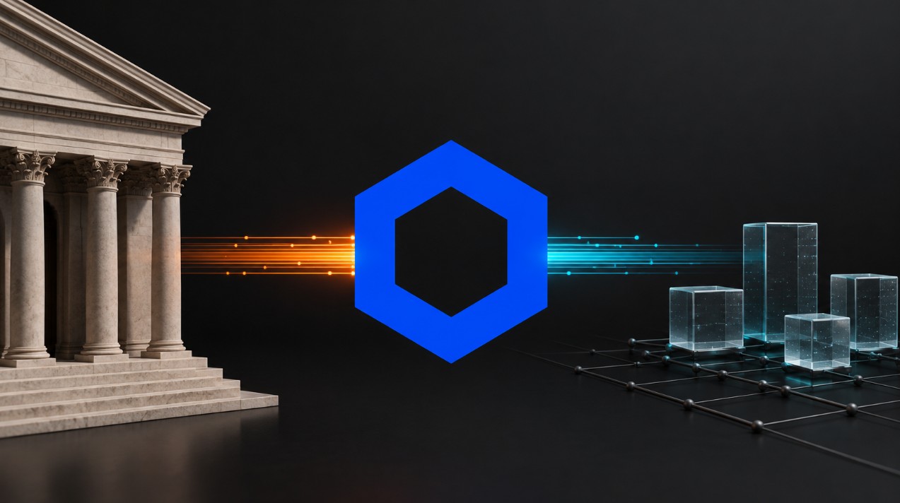 Abstrakte Darstellung der Zentralbank von England, des Chainlink-Logos und tokenisierter Vermögenswerte auf einer Blockchain.