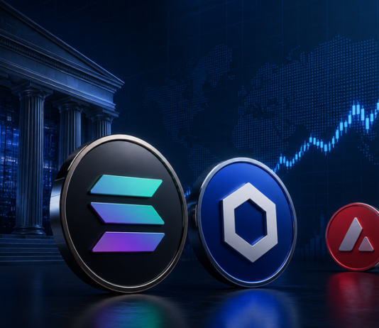 Solana-, Chainlink- und Avalanche-Token vor Finanzmarkt-Hintergrund mit ansteigendem Kurschart und klassischer Bankfassade.