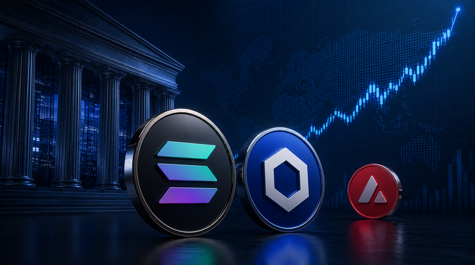 Solana-, Chainlink- und Avalanche-Token vor Finanzmarkt-Hintergrund mit ansteigendem Kurschart und klassischer Bankfassade.