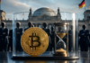 Krypto-Haltefrist: Diese 14 CDU-Politiker stellen sich gegen Klingbeils Steuerpläne Bitcoin und Sanduhr unter einer Glaskuppel vor dem Reichstag und einer Gruppe von Politikern