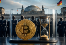 Bitcoin und Sanduhr unter einer Glaskuppel vor dem Reichstag und einer Gruppe von Politikern