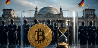 Bitcoin und Sanduhr unter einer Glaskuppel vor dem Reichstag und einer Gruppe von Politikern