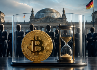 Bitcoin und Sanduhr unter einer Glaskuppel vor dem Reichstag und einer Gruppe von Politikern