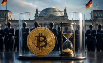 Bitcoin und Sanduhr unter einer Glaskuppel vor dem Reichstag und einer Gruppe von Politikern