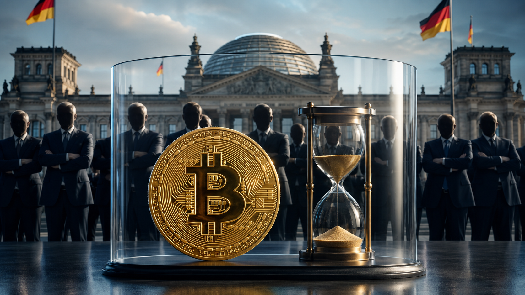 Bitcoin und Sanduhr unter einer Glaskuppel vor dem Reichstag und einer Gruppe von Politikern