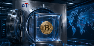 35-Billionen-Dollar-Bank setzt auf Bitcoin: Citi kündigt BTC-Custody an Geöffneter Citi-Tresor mit Bitcoin als Symbol für die geplante institutionelle Bitcoin-Verwahrung über Custody+