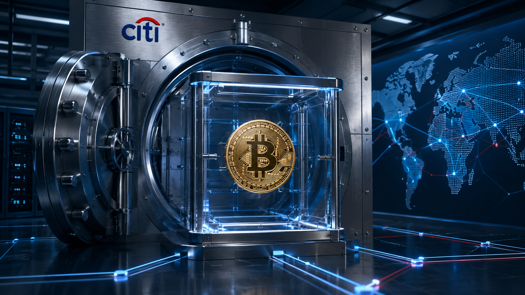 Geöffneter Citi-Tresor mit Bitcoin als Symbol für die geplante institutionelle Bitcoin-Verwahrung über Custody+