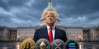 Grünes Licht für den Clarity Act? Weißes Haus schaltet sich in Verhandlungen ein Donald Trump vor dem US-Kapitol mit Symbolen von Bitcoin, Ethereum, XRP und Solana
