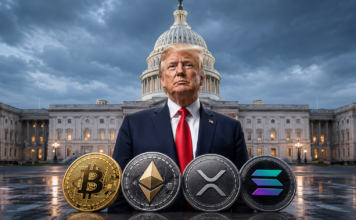 Grünes Licht für den Clarity Act? Weißes Haus schaltet sich in Verhandlungen ein Donald Trump vor dem US-Kapitol mit Symbolen von Bitcoin, Ethereum, XRP und Solana