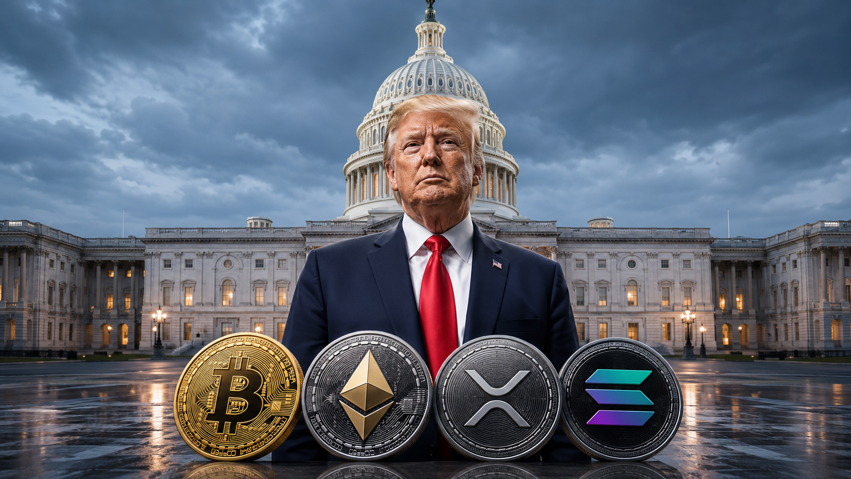 Donald Trump vor dem US-Kapitol mit Symbolen von Bitcoin, Ethereum, XRP und Solana