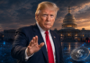 Donald Trump vor dem US-Kapitol mit digitalem Stablecoin zum Clarity Act