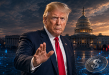 Donald Trump vor dem US-Kapitol mit digitalem Stablecoin zum Clarity Act