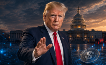 Donald Trump vor dem US-Kapitol mit digitalem Stablecoin zum Clarity Act