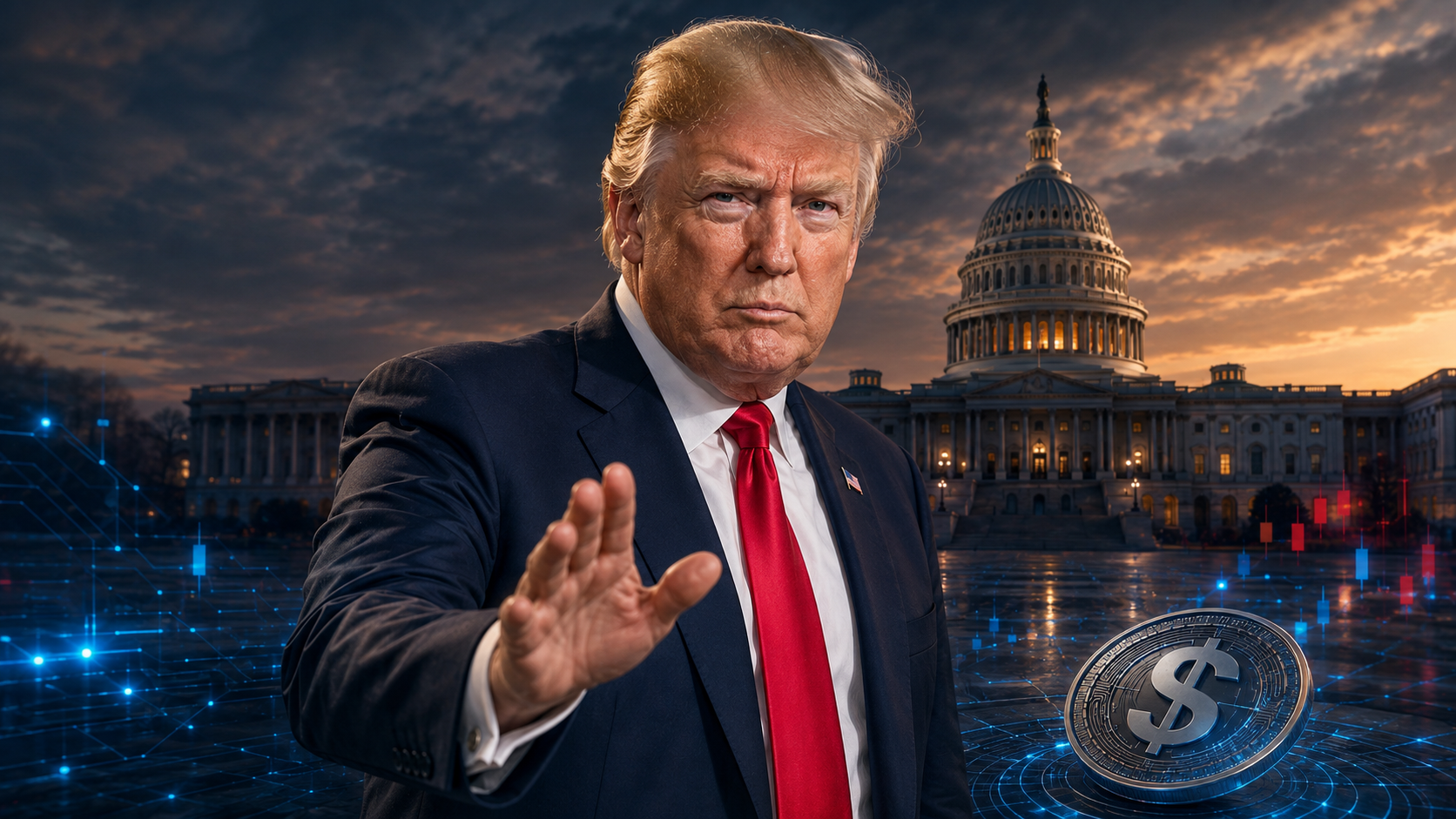 Donald Trump vor dem US-Kapitol mit digitalem Stablecoin zum Clarity Act
