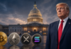 Donald Trump vor dem US-Kapitol mit Bitcoin, Ethereum, XRP und Solana