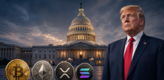 Clarity Act vor dem Aus? Demokraten drohen mit Blockade Donald Trump vor dem US-Kapitol mit Bitcoin, Ethereum, XRP und Solana