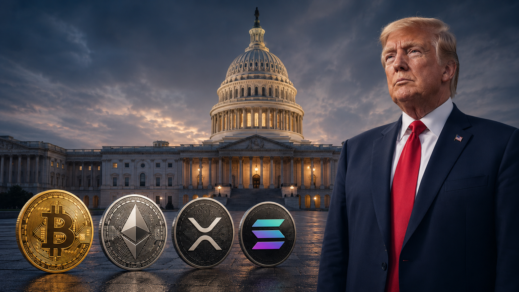 Donald Trump vor dem US-Kapitol mit Bitcoin, Ethereum, XRP und Solana