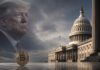 Donald Trump vor dem US-Kapitol mit Bitcoin-Symbol als Illustration zur Senatsdebatte über den Clarity Act