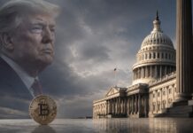 Donald Trump vor dem US-Kapitol mit Bitcoin-Symbol als Illustration zur Senatsdebatte über den Clarity Act