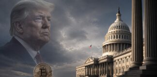 BREAKING: Cloture-Antrag für Clarity Act gestellt – Abstimmung im September möglich Donald Trump vor dem US-Kapitol mit Bitcoin-Symbol als Illustration zur Senatsdebatte über den Clarity Act