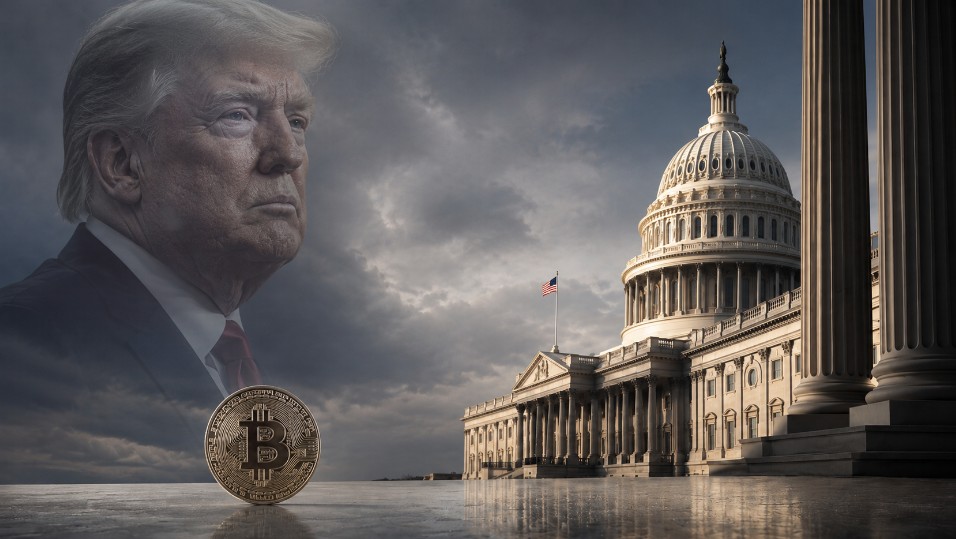 Donald Trump vor dem US-Kapitol mit Bitcoin-Symbol als Illustration zur Senatsdebatte über den Clarity Act