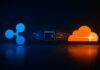 Ripple- und Cloudflare-Symbole sind über digitale Datenströme mit einer Wallet für KI-Agenten verbunden.
