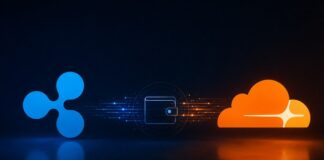 Ripple- und Cloudflare-Symbole sind über digitale Datenströme mit einer Wallet für KI-Agenten verbunden.