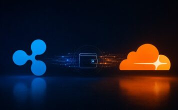 Ripple- und Cloudflare-Symbole sind über digitale Datenströme mit einer Wallet für KI-Agenten verbunden.