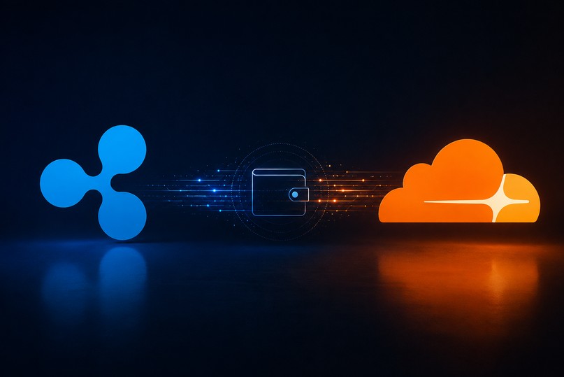 Ripple- und Cloudflare-Symbole sind über digitale Datenströme mit einer Wallet für KI-Agenten verbunden.