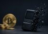 Coldcard-Hacks weiten sich aus: Bitcoin-Verluste übersteigen 90 Millionen Dollar Nahaufnahme eines beschädigten Hardware-Wallets vor Bitcoin-Münzen als Symbol für einen schweren Sicherheitsvorfall und Bitcoin-Diebstahl.