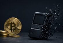 Coldcard-Hacks weiten sich aus: Bitcoin-Verluste übersteigen 90 Millionen Dollar Nahaufnahme eines beschädigten Hardware-Wallets vor Bitcoin-Münzen als Symbol für einen schweren Sicherheitsvorfall und Bitcoin-Diebstahl.