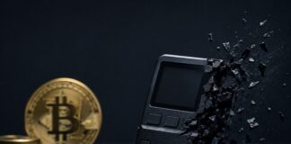 Nahaufnahme eines beschädigten Hardware-Wallets vor Bitcoin-Münzen als Symbol für einen schweren Sicherheitsvorfall und Bitcoin-Diebstahl.