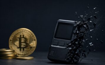 Nahaufnahme eines beschädigten Hardware-Wallets vor Bitcoin-Münzen als Symbol für einen schweren Sicherheitsvorfall und Bitcoin-Diebstahl.