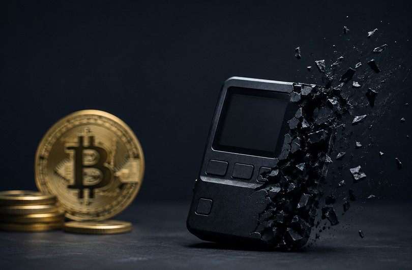Nahaufnahme eines beschädigten Hardware-Wallets vor Bitcoin-Münzen als Symbol für einen schweren Sicherheitsvorfall und Bitcoin-Diebstahl.