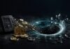 Gestohlene Bitcoin und Ethereum werden symbolisch in einen Krypto-Mixer geleitet.