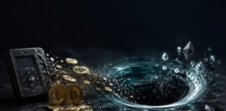 Gestohlene Bitcoin und Ethereum werden symbolisch in einen Krypto-Mixer geleitet.