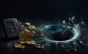 Gestohlene Bitcoin und Ethereum werden symbolisch in einen Krypto-Mixer geleitet.