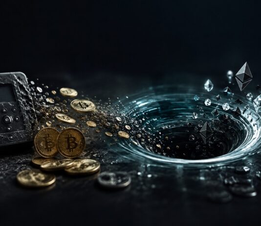 Gestohlene Bitcoin und Ethereum werden symbolisch in einen Krypto-Mixer geleitet.