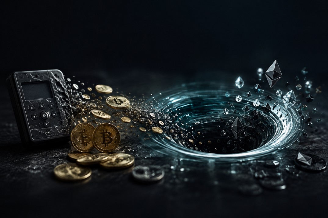 Gestohlene Bitcoin und Ethereum werden symbolisch in einen Krypto-Mixer geleitet.